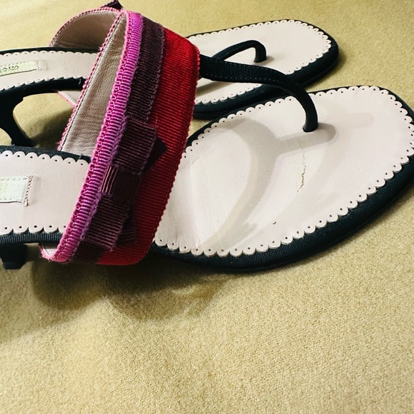 PRADA Women’s Red/Brown/Pink T Strap Grosgrain Fabric Sandal 37.5 EUR, 7.0 US - Picture 9 of 13
